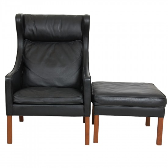 Børge Mogensen Wingchair with ottoman in black leather 8