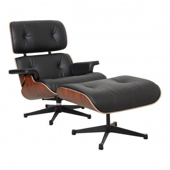 Charles Eames New Lounge chair with an ottoman, black leather and rosewood