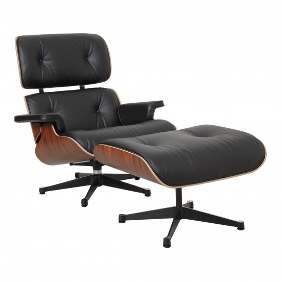 Charles Eames Ny Lounge chair med fodskammel i sort læder og palisander