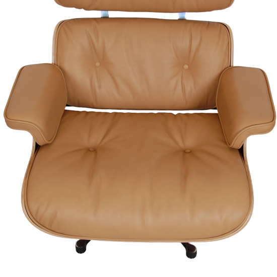 (NEW) Charles Eames Lounge chair with ottoman in caramel coloured leather