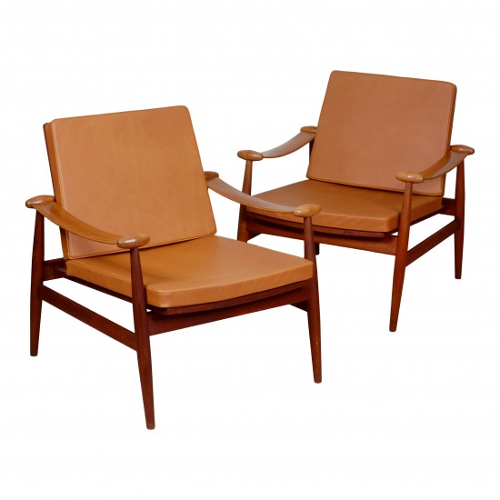 Finn Juhl Set of Teak Spade Chairs with cognac aniline leather