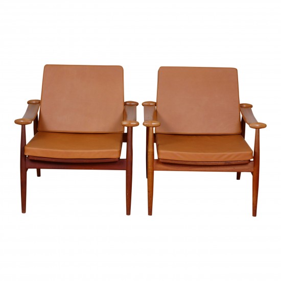 Finn Juhl Set of Teak Spade Chairs with cognac aniline leather