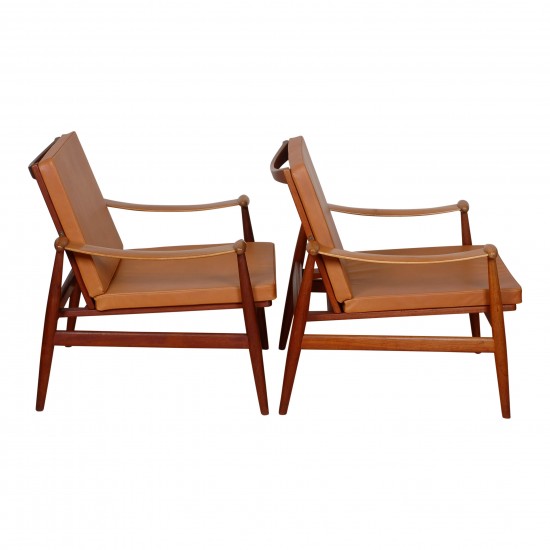 Finn Juhl Set of Teak Spade Chairs with cognac aniline leather