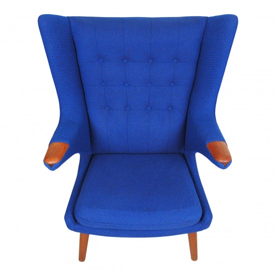 Hans J. Wegner Papa bear chair with blue fabric and teak wood