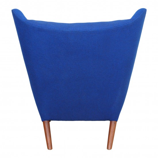 Hans J. Wegner Papa bear chair with blue fabric and teak wood