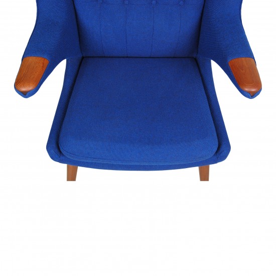 Hans J. Wegner Papa bear chair with blue fabric and teak wood