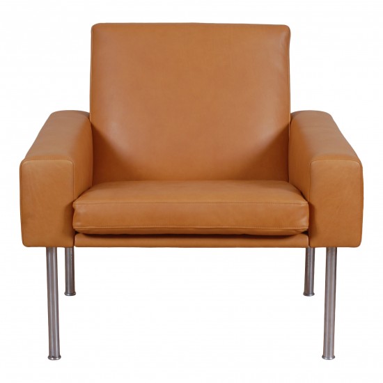 Hans J Wegner Airport chair newly upholstered with cognac aniline leather