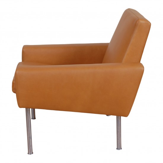 Hans J Wegner Airport chair newly upholstered with cognac aniline leather