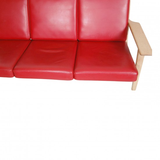 Hans J Wegner 3-personers sofa with red leather and an oak wood frame