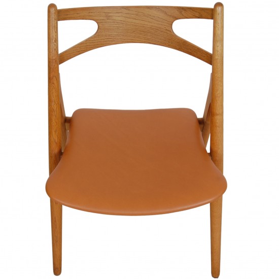 Sæt på 6 Hans Wegner Savbuk spisebordsstole i eg og cognac anilin læder