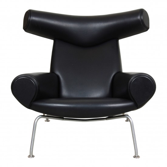 Hans J. Wegner Ox Chair patinated armchair in black aniline leather