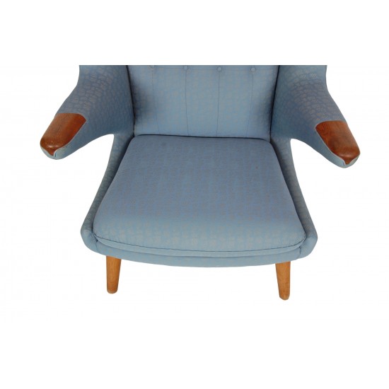 Hans Wegner Papa bear chair with stool in blue fabric