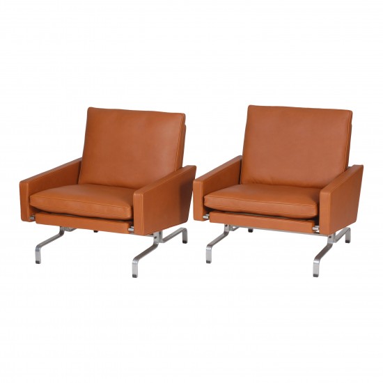 Poul Kjærholm Set of PK-31/1 armchairs newly upholstered with cognac aniline leather