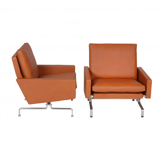 Poul Kjærholm Set of PK-31/1 armchairs newly upholstered with cognac aniline leather