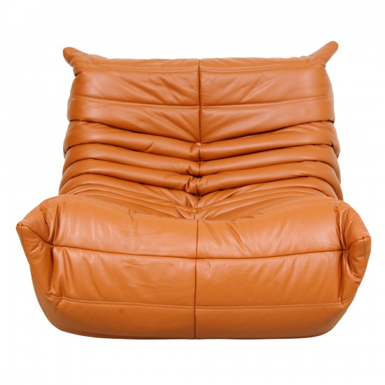 Michel Ducaroy Togo lounge chair reupholstered in cognac leather