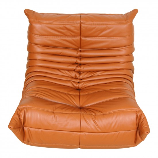 Michel Ducaroy Togo lounge chair reupholstered in cognac leather