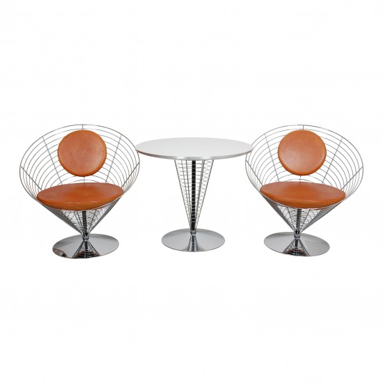 Verner Panton Wire Cone chair Set with brown patinated leather