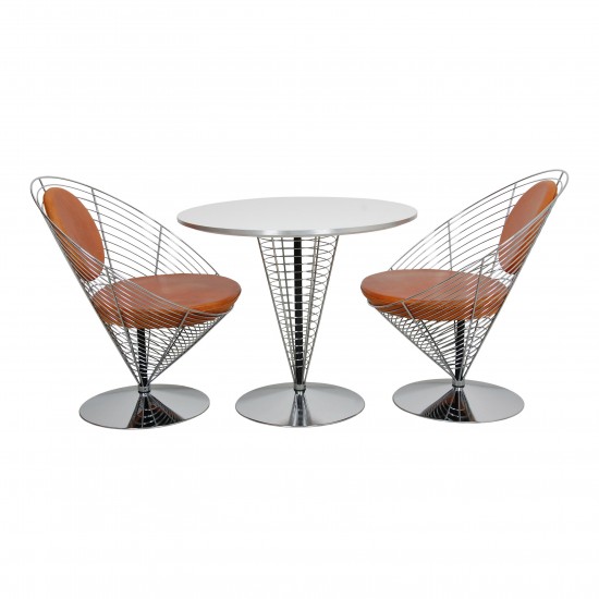 Verner Panton Wire Cone chair Set with brown patinated leather