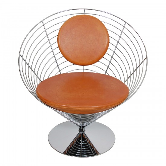 Verner Panton Wire Cone chair sæt med brunt patineret læder