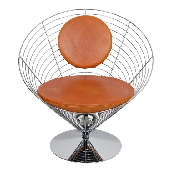 Verner Panton Wire Cone chair Set with brown patinated leather