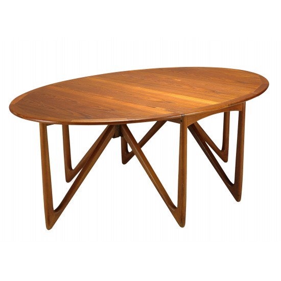Niels Kofoed Gateleg solid teak wood table, oval with two drop-leaves and 6 organically shaped legs