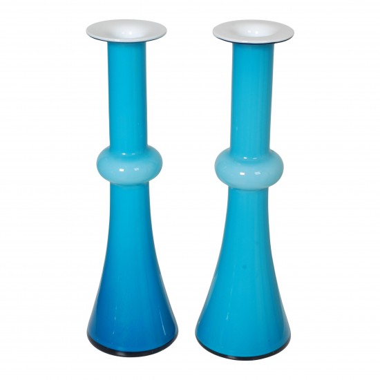 Holmegaard vases of blue glass and with white colored inside H: 31,5