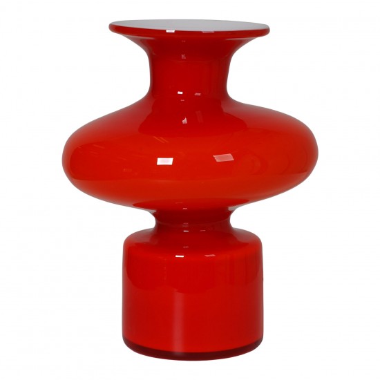 Holmegaard red glass vase with a white inside H: 16