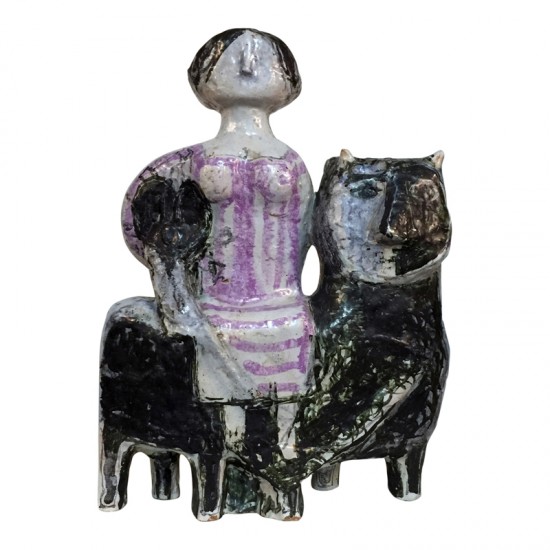 Finn Carlsen keramisk statuette i form af kvinde med kat, glaceret, mål: 38 cm