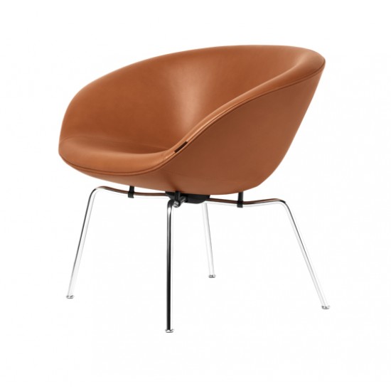 Arne Jacobsen Lænestol med gryden betrukket med walnut cognac anilin læder
