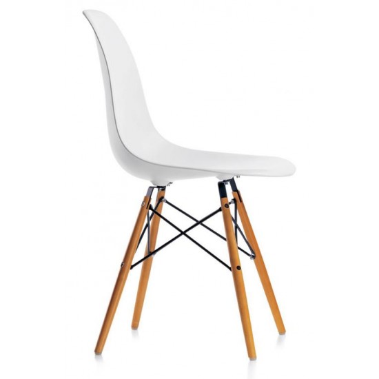 Charles Eames DSW white chair with wooden legs